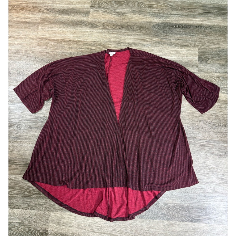 LuLaRoe Cardigan Kimono Womens Large Burgundy Black Striped Hi Lo Open Front